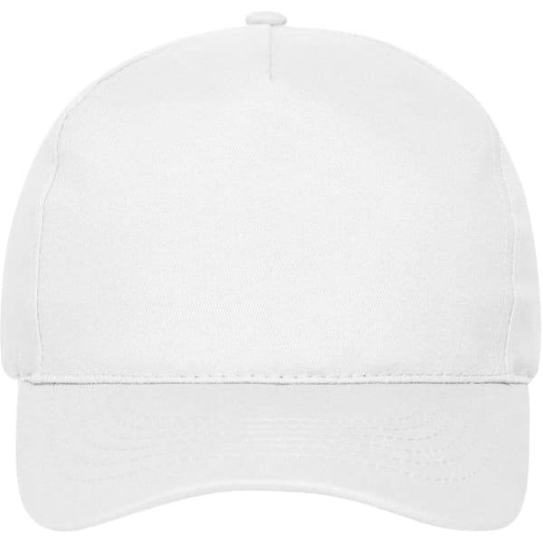 A white 5-panel cap made of organic cotton with a curved brim and a snapback closure, featuring a logo.