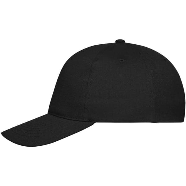 A black 5 panel cap made from organic cotton, featuring a structured design and a logo.