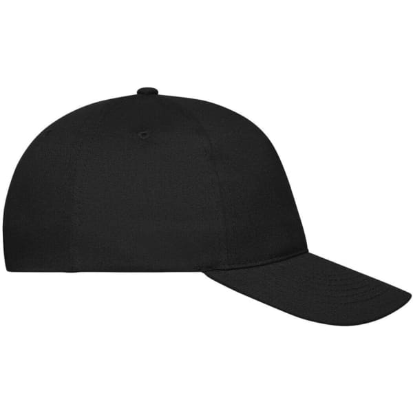 A black 5 panel cap made from organic cotton, featuring a curved brim and a logo on the front.