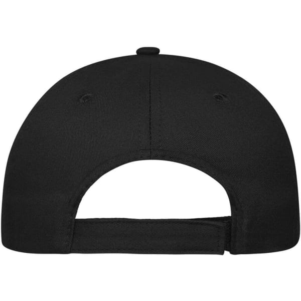 A black 5-panel cap made from organic cotton, featuring a rear adjustment strap and ventilation holes.