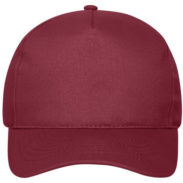 A maroon 5-panel cap made from organic cotton, featuring a logo on the front.