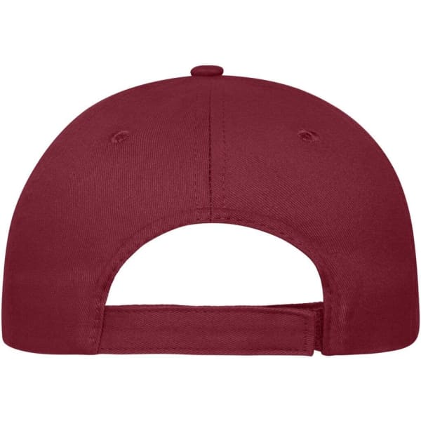 A maroon 5 panel cap made from organic cotton, featuring a back closure and ventilation holes.