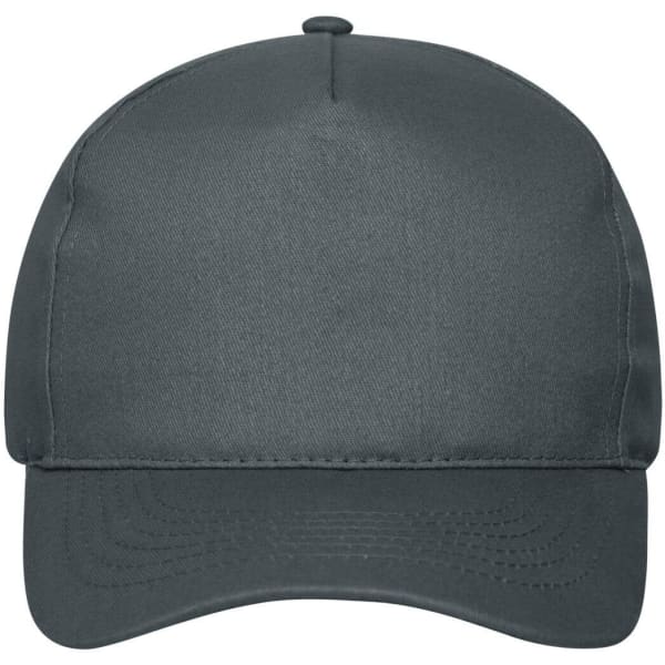 A 5-panel cap made of organic cotton in a dark grey colour, featuring a logo on the front.