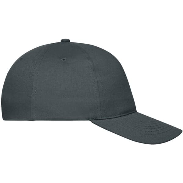 A dark grey 5-panel cap made of organic cotton, featuring a logo on the front.