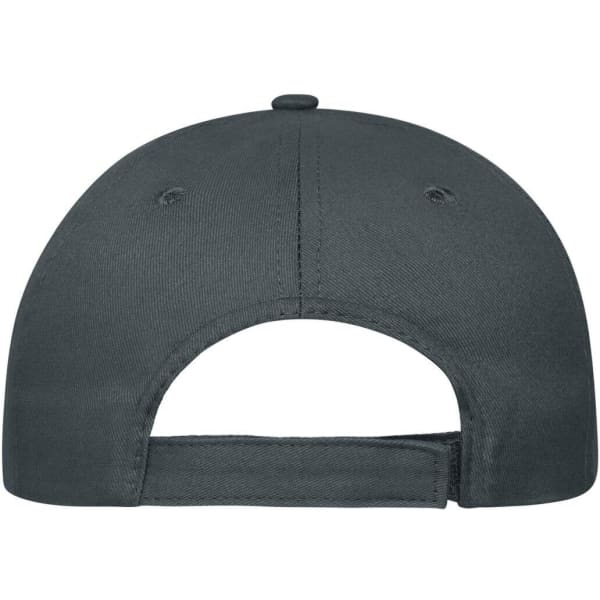 A grey 5 panel cap made of organic cotton, featuring a back adjustable strap and a logo.