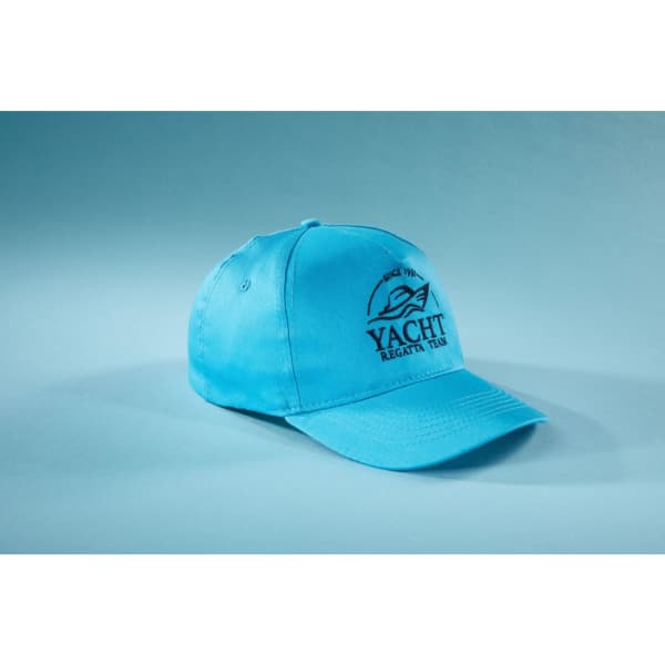 A light blue 5 panel cap made from organic cotton, featuring a logo on the front.
