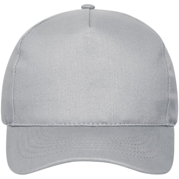 A grey 5 panel cap made from organic cotton, featuring a solid design and a branded logo.