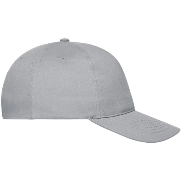 A grey 5 panel cap made of organic cotton with a curved brim and a logo on the side.
