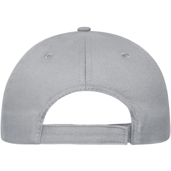 A grey 5 panel cap made of organic cotton, featuring a back adjustable strap and a logo.