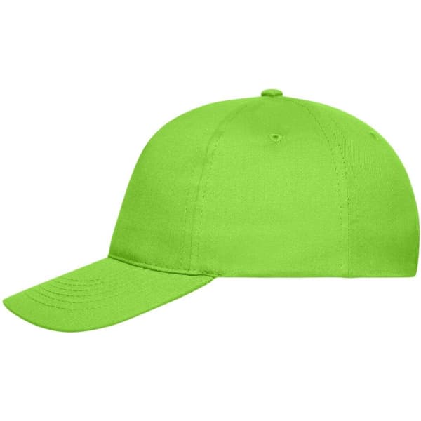 A vibrant green 5 panel cap made of organic cotton, featuring a pre-curved brim and logo on the front.