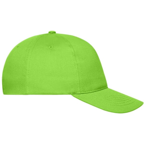 A bright green 5 panel cap made from organic cotton, featuring a curved brim and a simple design.