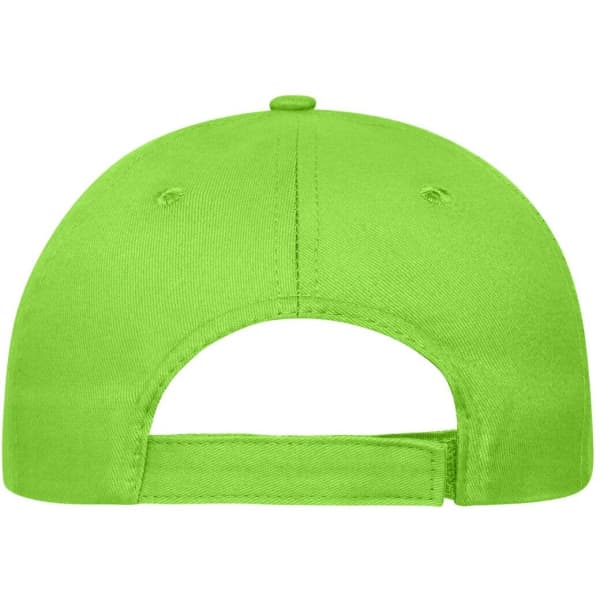A bright green 5 Panel Cap made from organic cotton, featuring a rear adjustable strap and a logo.