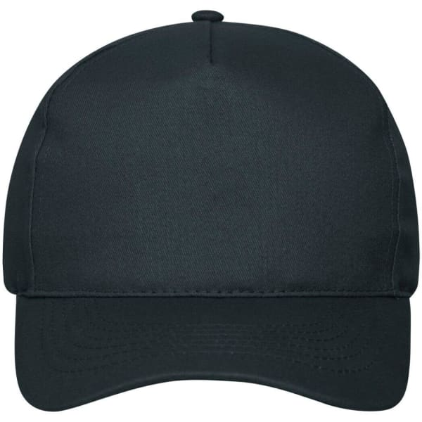 A black 5 panel cap made from organic cotton, featuring a curved brim and a logo.