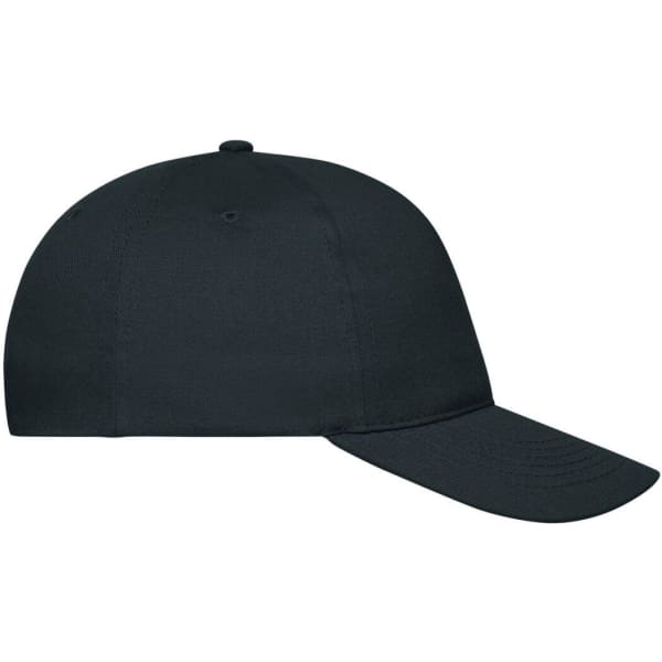 A black organic cotton 5-panel cap with a curved brim and a logo on the side.