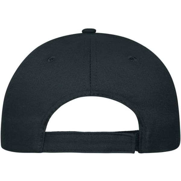 A black 5-panel cap made from organic cotton, featuring a curved brim and adjustable strap at the back.