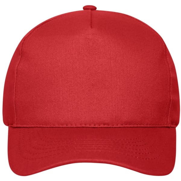 A red 5-panel cap made from organic cotton, featuring a curved brim and a logo on the front.
