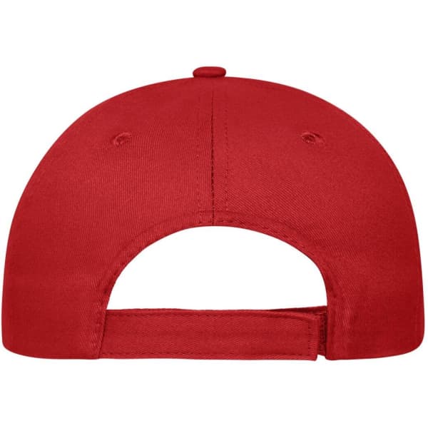 A red 5-panel cap made from organic cotton, featuring a back adjustable strap and a logo.