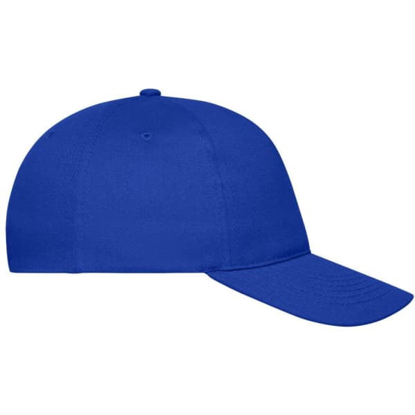 A blue 5 panel cap made from organic cotton, featuring a curved brim and a logo.