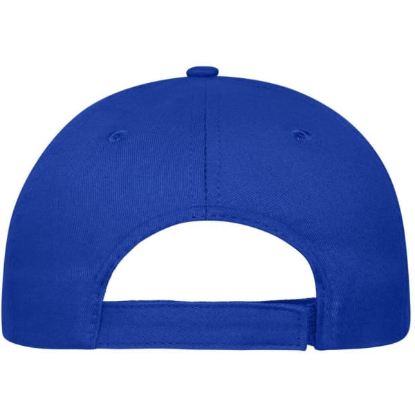A blue 5 panel cap made of organic cotton, featuring an adjustable strap at the back and a logo.