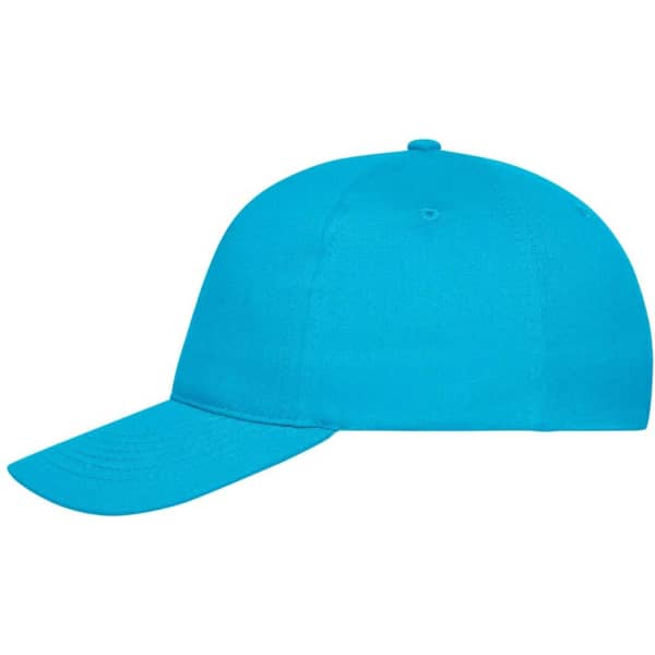 A 5 panel cap in bright turquoise made from organic cotton, featuring a logo on the front.