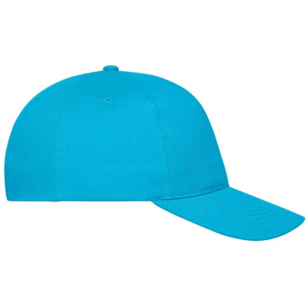 A bright blue 5 panel cap made of organic cotton, featuring a curved brim and a logo.