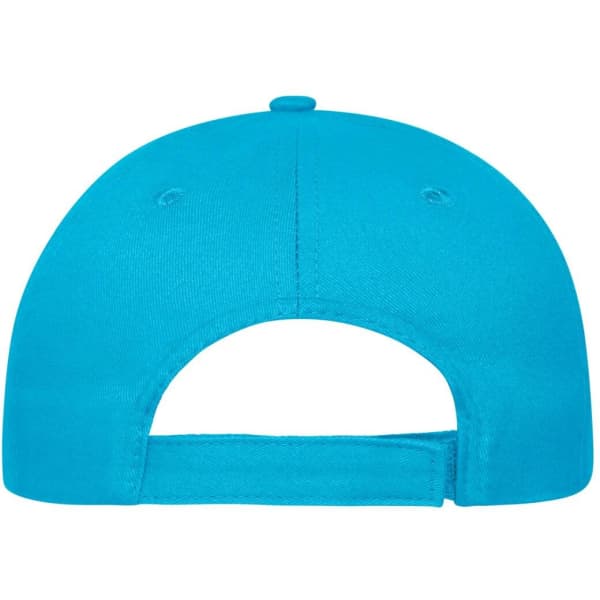A vibrant turquoise 5 panel cap made from organic cotton, featuring a logo and adjustable strap at the back.