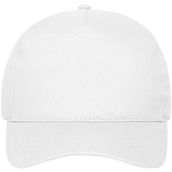 A white five-panel cap made from organic cotton, featuring a curved peak and a logo on the front.