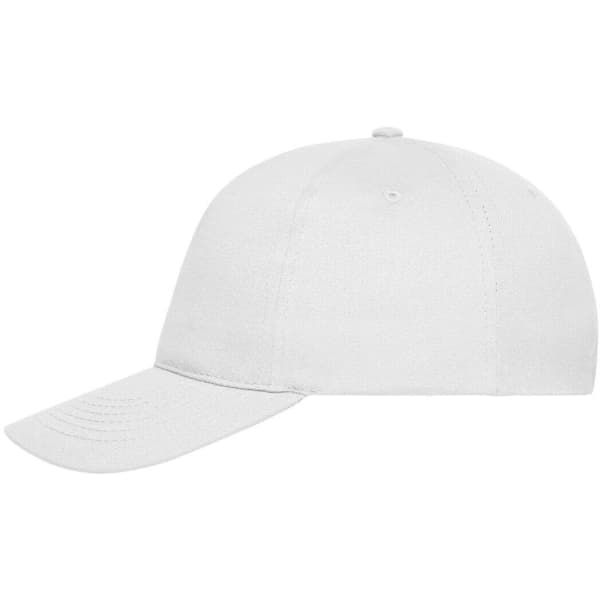 A white 5-panel cap made from organic cotton, featuring a curved brim and an adjustable strap at the back.