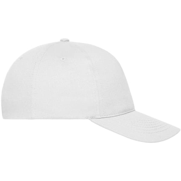 A white 5 panel cap made of organic cotton, featuring a logo on the front.