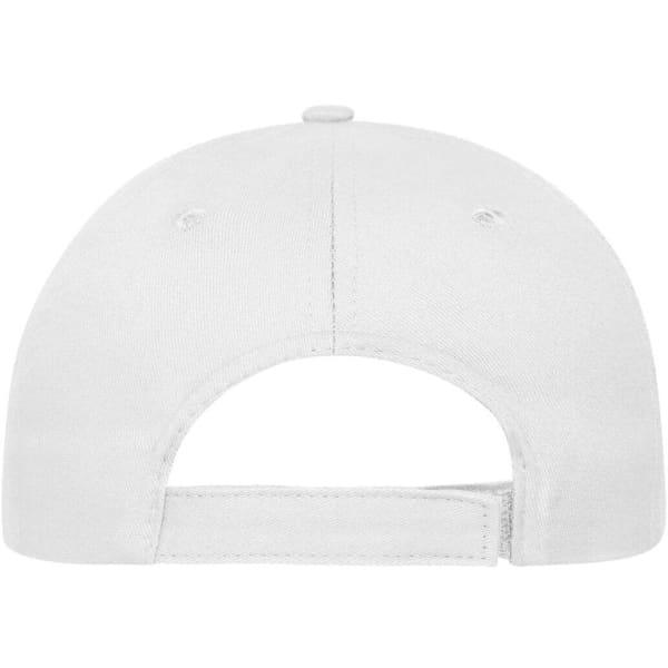 A white 5-panel cap made from organic cotton, featuring a rear adjustable strap and a logo.