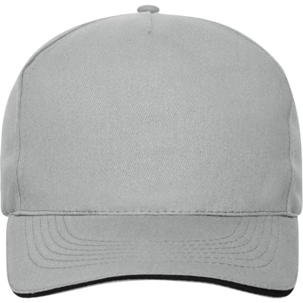 A grey 5 panel sandwich cap made from organic cotton, featuring a logo on the front.
