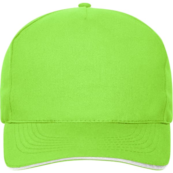 A bright green 5 Panel Sandwich Cap made of organic cotton, featuring a logo on the front.