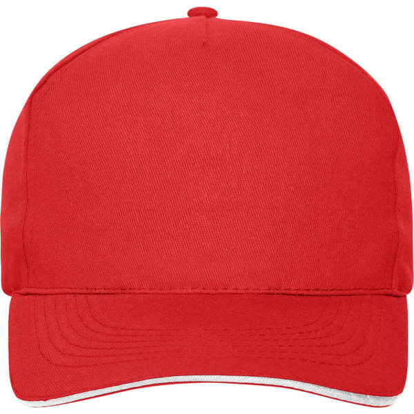 A red 5 panel sandwich cap made from organic cotton, featuring a logo on the front.