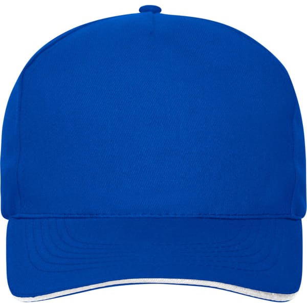 A blue 5 panel sandwich cap made of organic cotton, featuring a logo on the front.