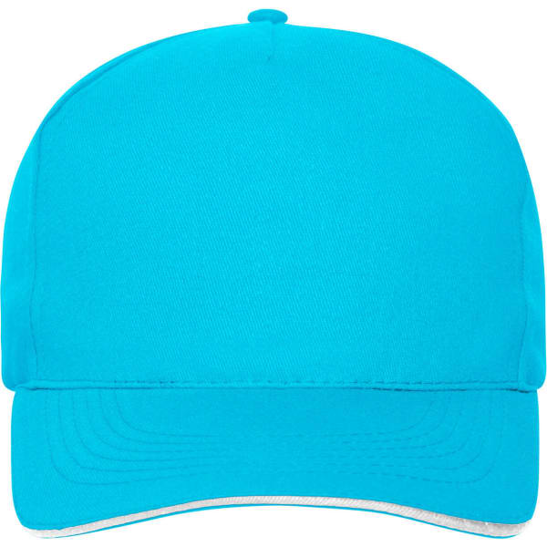 A vibrant turquoise 5-panel sandwich cap made from organic cotton, featuring a simple design and a logo.