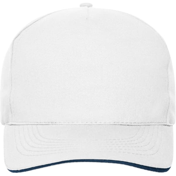 A white 5-panel sandwich cap made of organic cotton, featuring a contrasting navy brim and a logo on the front.