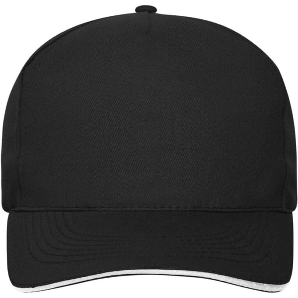 A black 5-panel sandwich cap made of organic cotton, featuring a curved brim and a logo on the front.