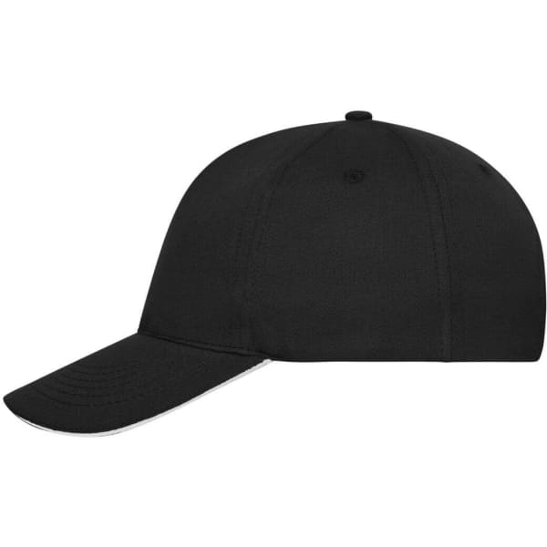 A black 5 panel sandwich cap made from organic cotton, featuring a curved brim and a logo.