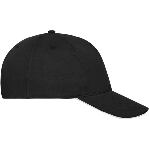 A black 5-panel sandwich cap made from organic cotton, featuring a curved brim and a logo.