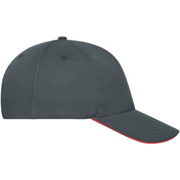 A grey five-panel cap with a red underbill and a logo on the front. Made from organic cotton.