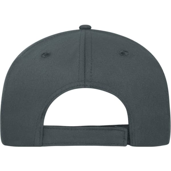 A dark grey 5-panel sandwich cap made from organic cotton, featuring a back fastening and a logo.