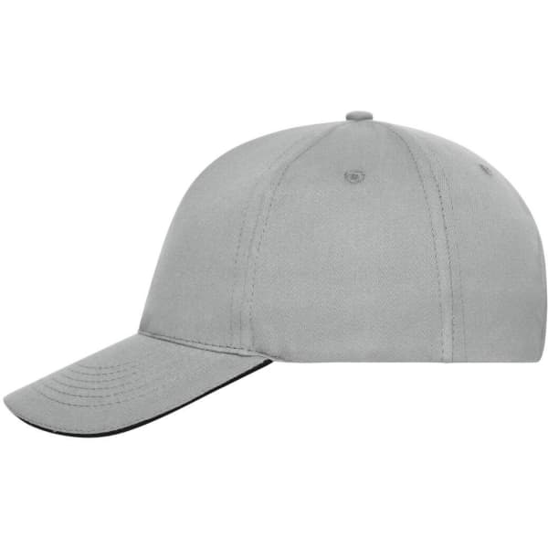 A grey 5 panel sandwich cap made from organic cotton, featuring a curved brim and a branded logo.
