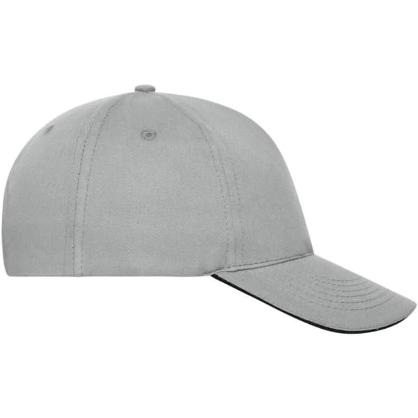 A grey 5-panel sandwich cap made from organic cotton, featuring a curved brim and a logo on the front.
