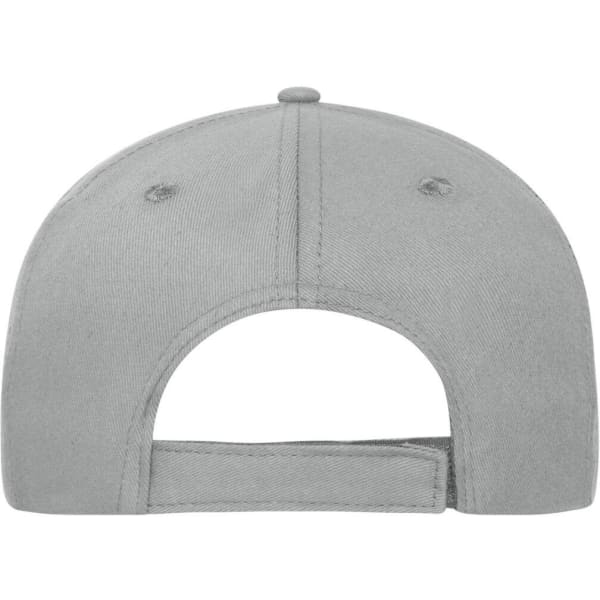 A grey 5-panel sandwich cap made from organic cotton, featuring an adjustable strap and a logo.