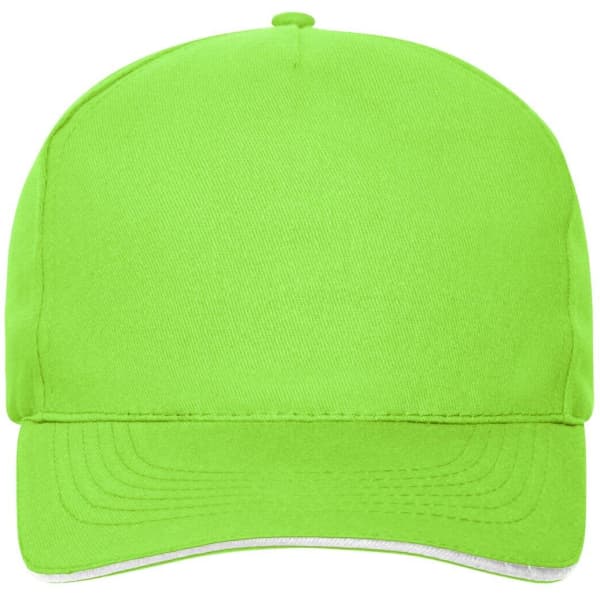 A bright green 5 panel cap made from organic cotton, featuring a curved brim and a branding logo.