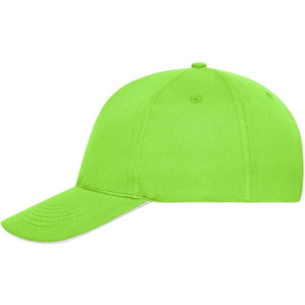 A bright green 5 panel sandwich cap made from organic cotton, featuring a logo on the front.
