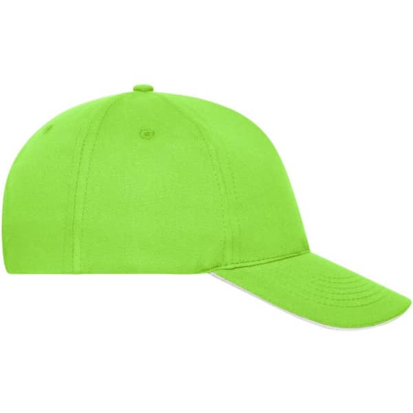 A bright green 5-panel sandwich cap made from organic cotton, featuring a logo on the front.