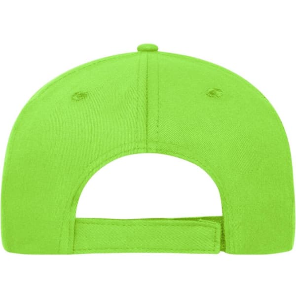 A vibrant lime green 5 Panel Sandwich Cap made from organic cotton, featuring a branding logo.