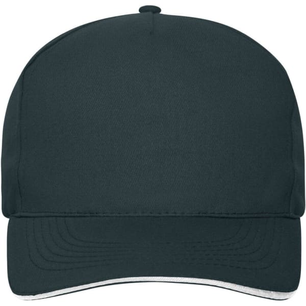 A dark green 5-panel sandwich cap made from organic cotton, featuring a curved brim and containing a logo.