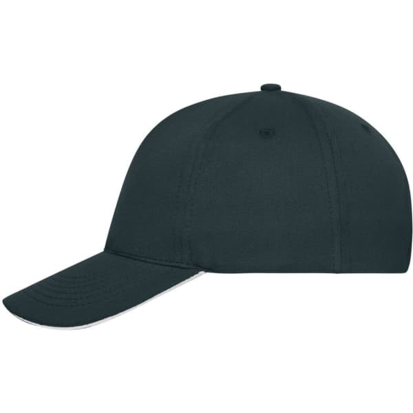 A black 5-panel sandwich cap made from organic cotton, featuring a curved peak and a logo on the side.